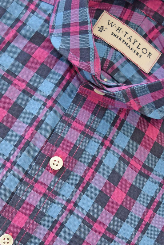 Blue & Cerise Plaid Check Twill Men's Bespoke Shirt