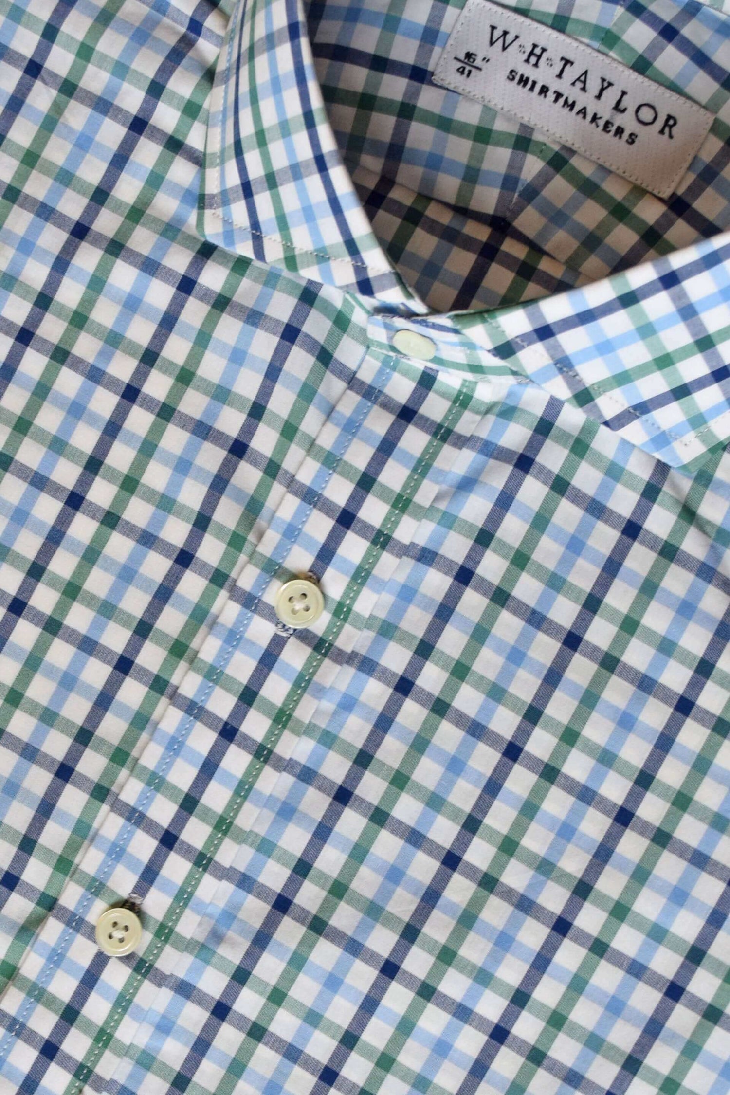 Navy, Sky & Green Tattersall Check Poplin Men's Bespoke Shirt - Close-Up View