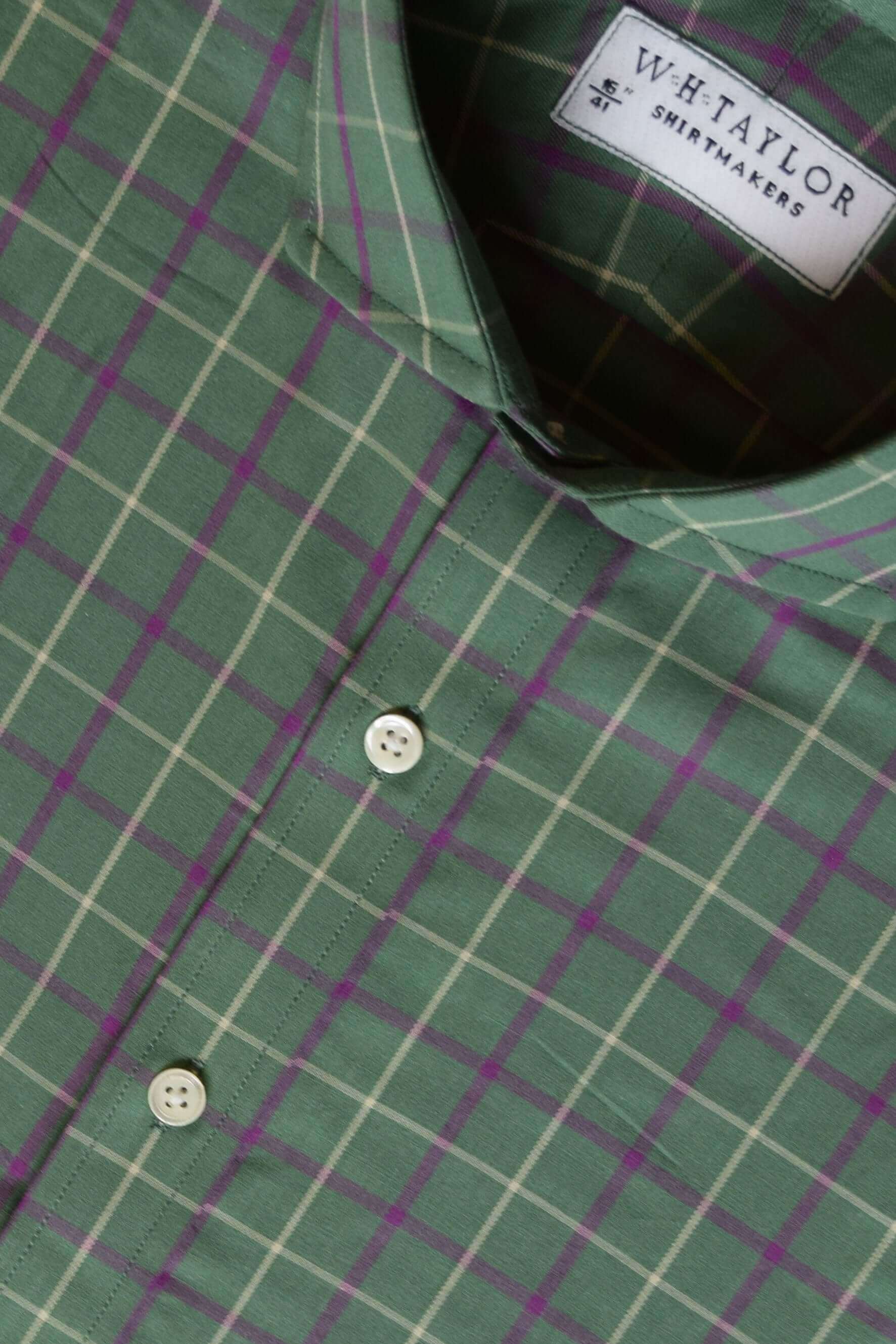 Olive green and lilac white tattersall check twill men's bespoke shirt with buttons and collar detail.