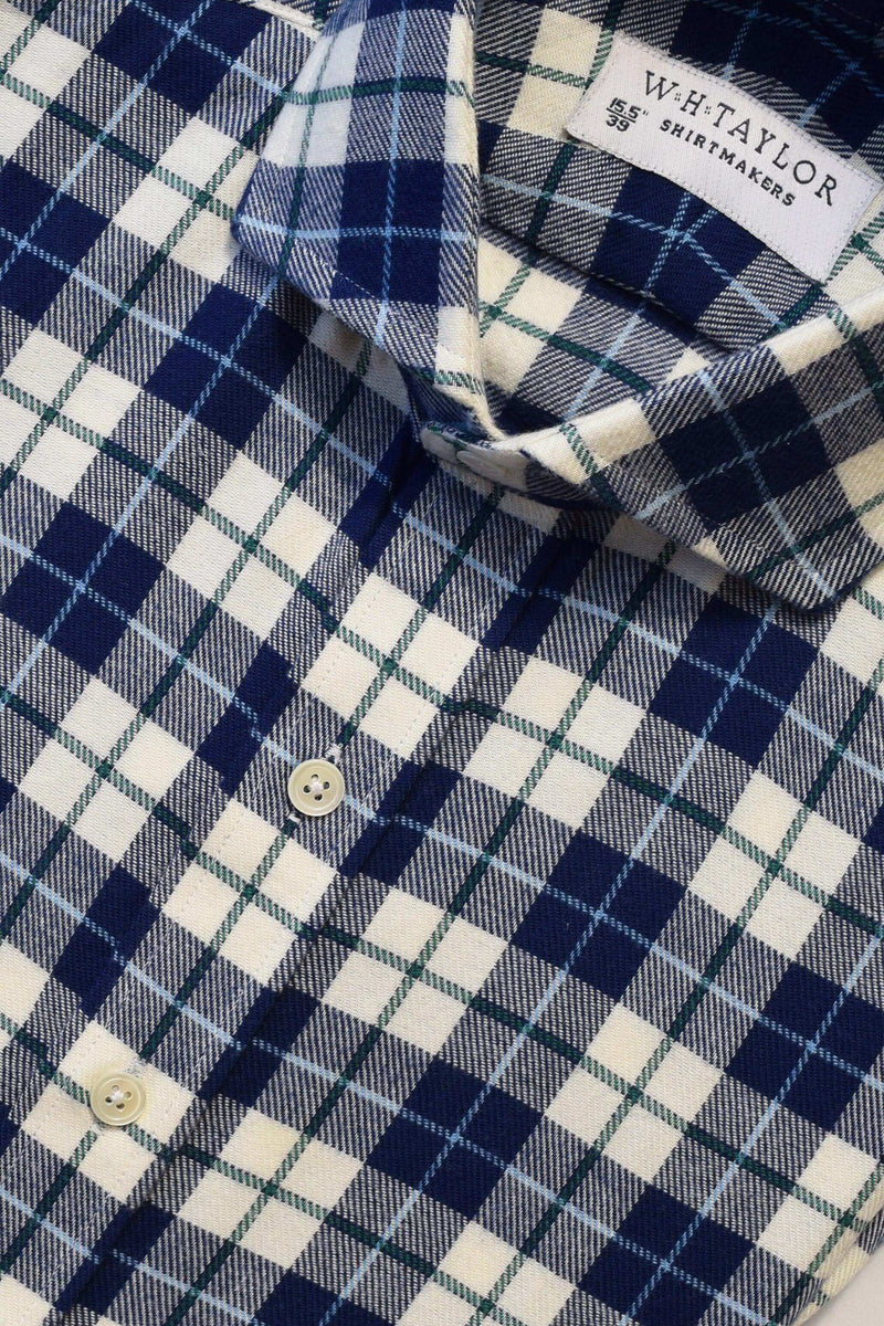 Navy & Cream Checked Brushed Cotton Twill Men's Bespoke Shirt