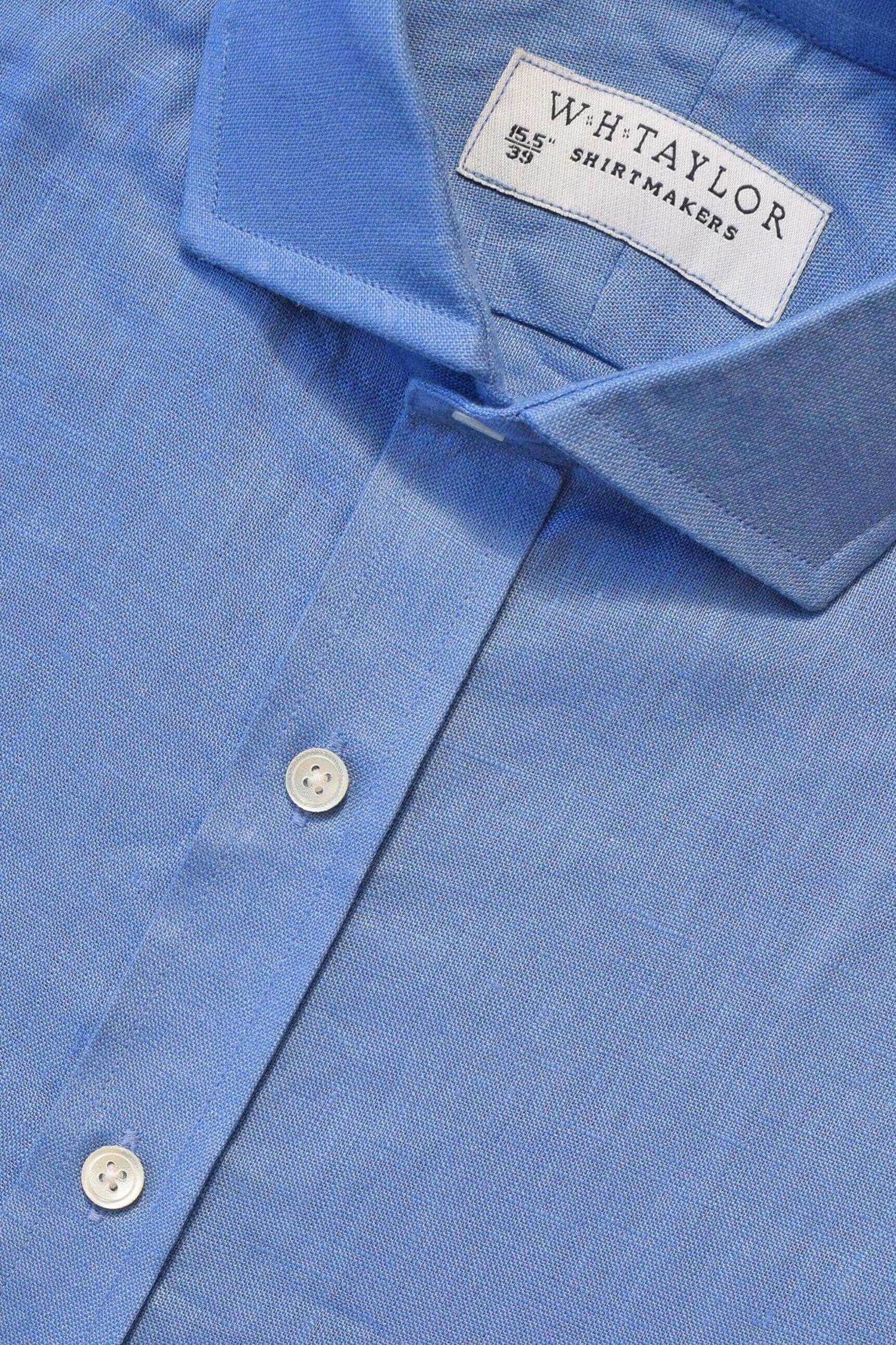 Royal Blue Linen Men's Bespoke Shirt with button-down collar and custom label by W.H Taylor Shirtmakers.